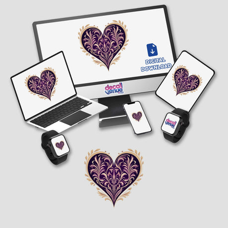 Elegant Purple and Gold Aesthetic Heart Clipart displayed on a computer monitor, laptop, and tablet, showcasing versatile use as stickers or digital artwork for commercial download.