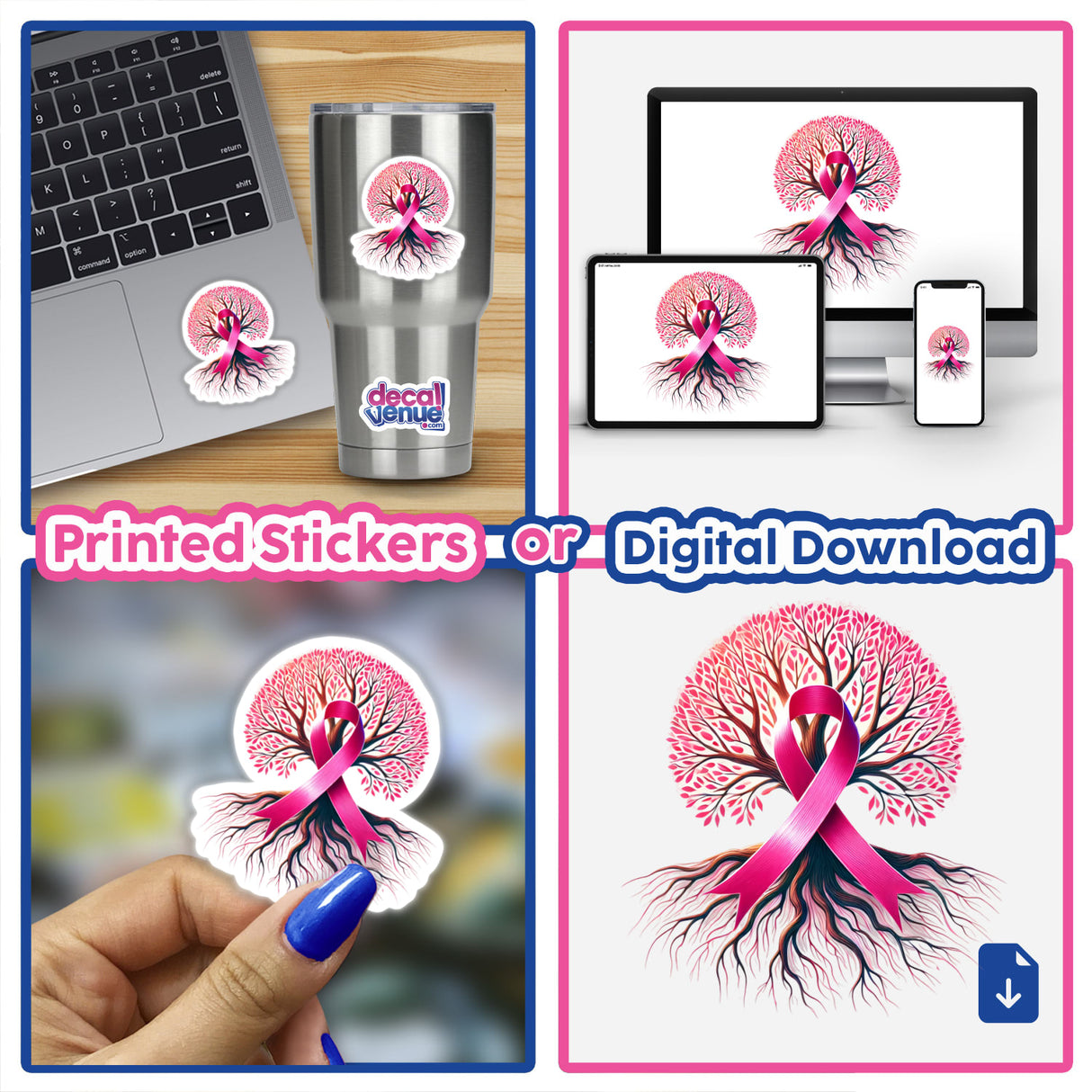 Collage of images showcasing the Pink Ribbon and Tree of Life Breast Cancer Awareness design, featuring the emblem on laptops, trees, monitors, and stickers. Available as Stickers or Digital Artwork.