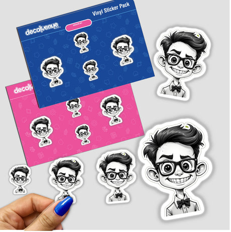 O Inteligente: Stickers featuring a cartoon boy with glasses, available as unique decals or digital artwork.