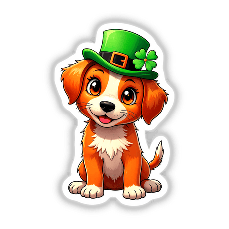 Cartoon of St. Patrick's Day Puppy wearing a green hat, featuring playful elements like an orange eye and clover, available as stickers or digital artwork.