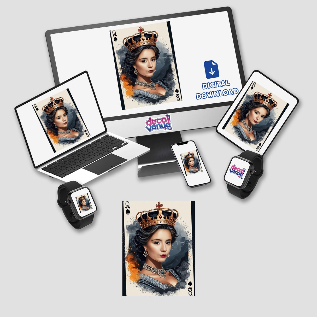 WINTER: A computer and laptop display an image of a queen, available as stickers or digital artwork from Decal Venue, specializing in unique stickers and digital art.