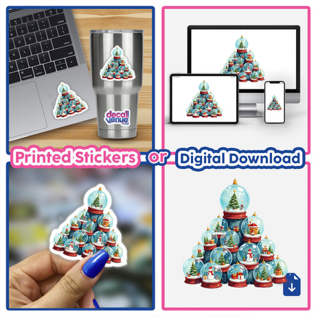 Christmas Snow Globes Stacked Pile: A collage featuring snow globes with snowmen and trees, alongside laptops. Available as stickers or digital artwork, capturing a festive, whimsical essence.