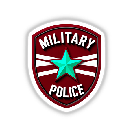 Military Police Shield Logo featuring a red and white shield with a green star, available as stickers or digital artwork from Decal Venue, known for unique sticker designs and digital art.