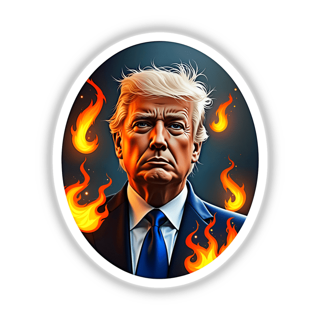 Cartoon of President Donald Trump in a suit, surrounded by flames, available as unique vinyl stickers or digital artwork.