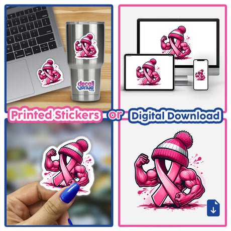 Collage showcasing Flexing Pink Breast Cancer Ribbon Beanie II stickers and digital artwork, including a cartoon ribbon with a knitted hat and muscles, and various applications on devices.