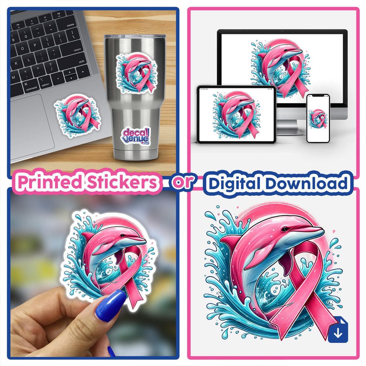 Dolphin Pink Ribbon Breast Cancer stickers and digital artwork collage, featuring dolphins and pink ribbons, including close-ups of decals and hands displaying the product.