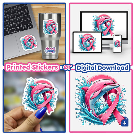 Dolphin Pink Ribbon Breast Cancer stickers and digital artwork collage, featuring dolphins and pink ribbons, including close-ups of decals and hands displaying the product.