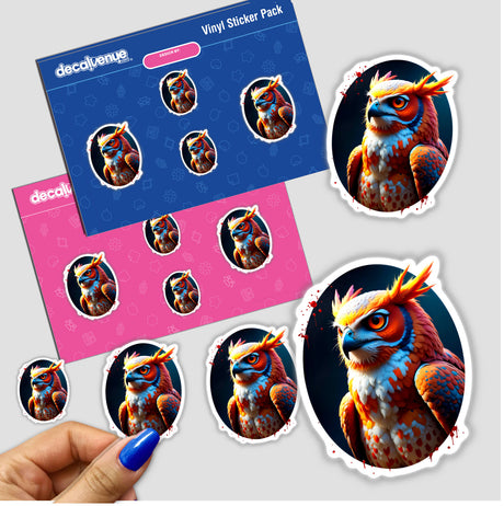 A Cool Hybrid Hawk Owl sticker featuring a stylized owl illustration, available as a sticker or digital artwork from Decal Venue, depicted in a person's hand.