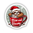 Cartoon of a sloth wearing a Santa hat, nestled in a red mug with Sloth winter vibes text, available as stickers or digital artwork from Decal Venue.