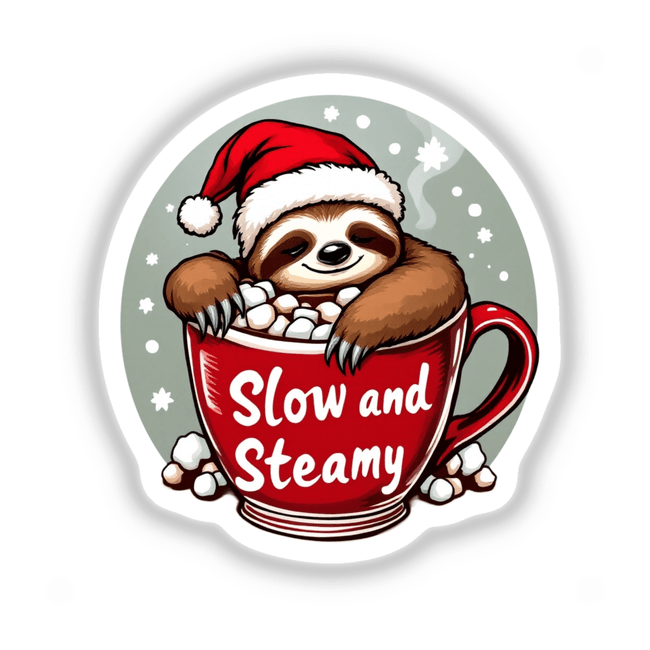 Cartoon of a sloth wearing a Santa hat, nestled in a red mug with Sloth winter vibes text, available as stickers or digital artwork from Decal Venue.