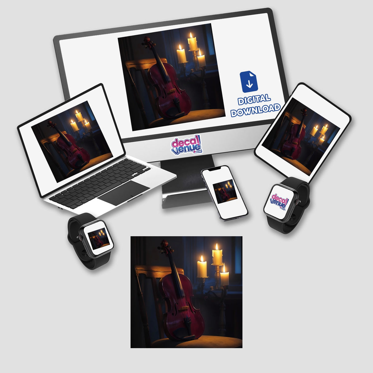 Viola in a Candlelit Room | Dark Academia Music Sticker featuring a violin on a chair by candlelight, displayed on a laptop and cellphone, emphasizing the product's digital artwork theme.