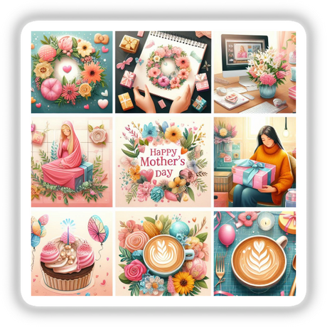 More Happy Mothers Day: Cartoon woman in pink dress, pink and blue gift box, and floral wreath, available as stickers or digital artwork from Decal Venue.