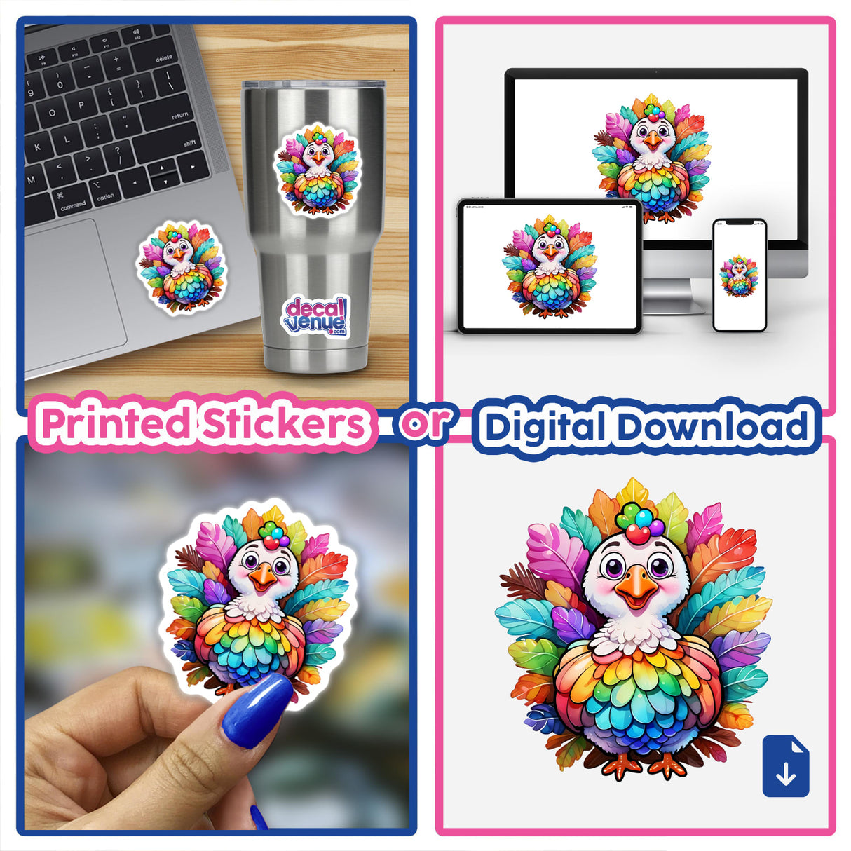 Thanksgiving Turkey Delight: Kawaii Rainbow Floral Splash Sticker on a laptop, silver cup, and hand with blue painted fingernail, showcasing its colorful, cartoon turkey design and versatile use.