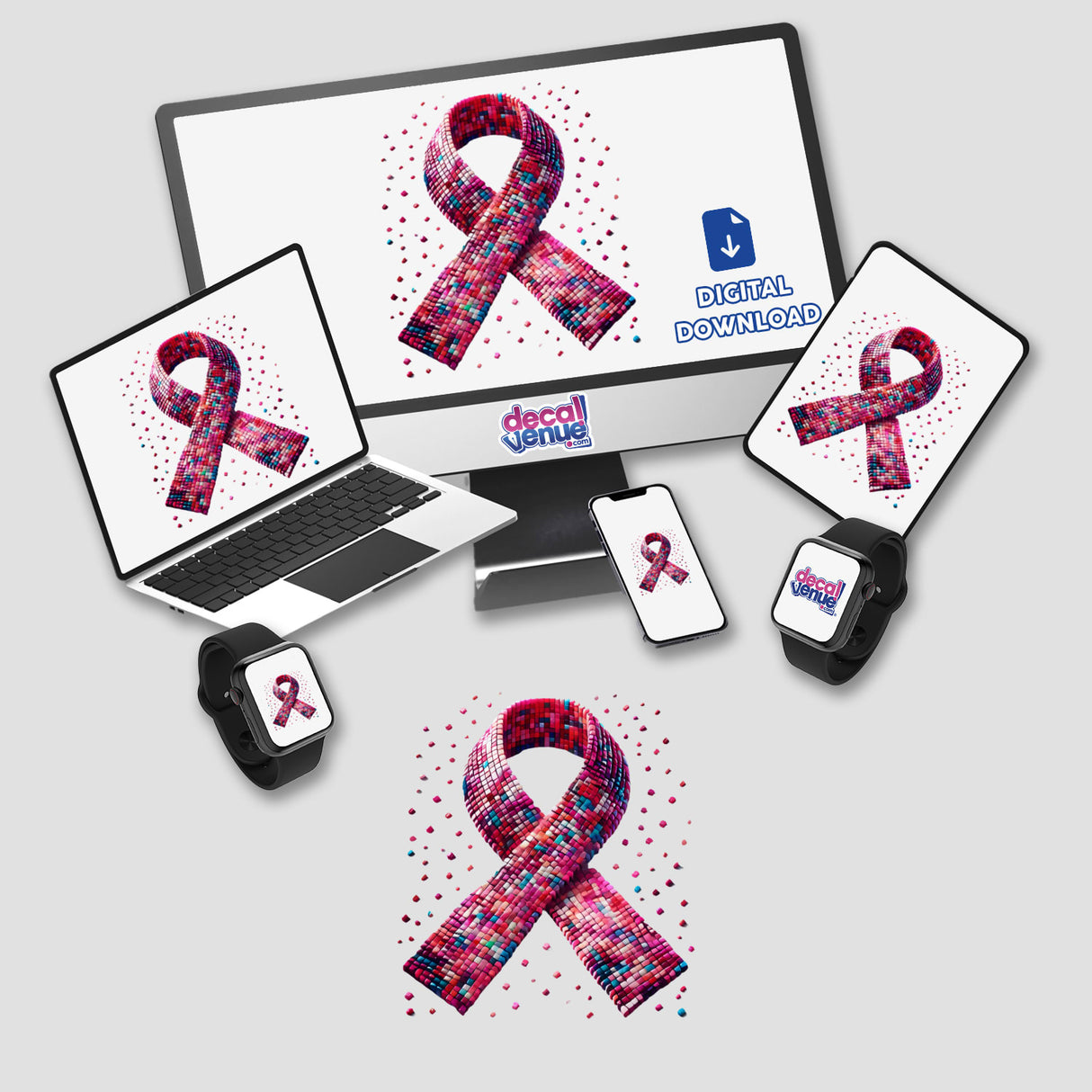 Pink Ribbon and Mosaic Breast Cancer Awareness design displayed on a computer monitor, laptop, smartphone, tablet, and smartwatch, available as unique stickers or digital artwork from Decal Venue.