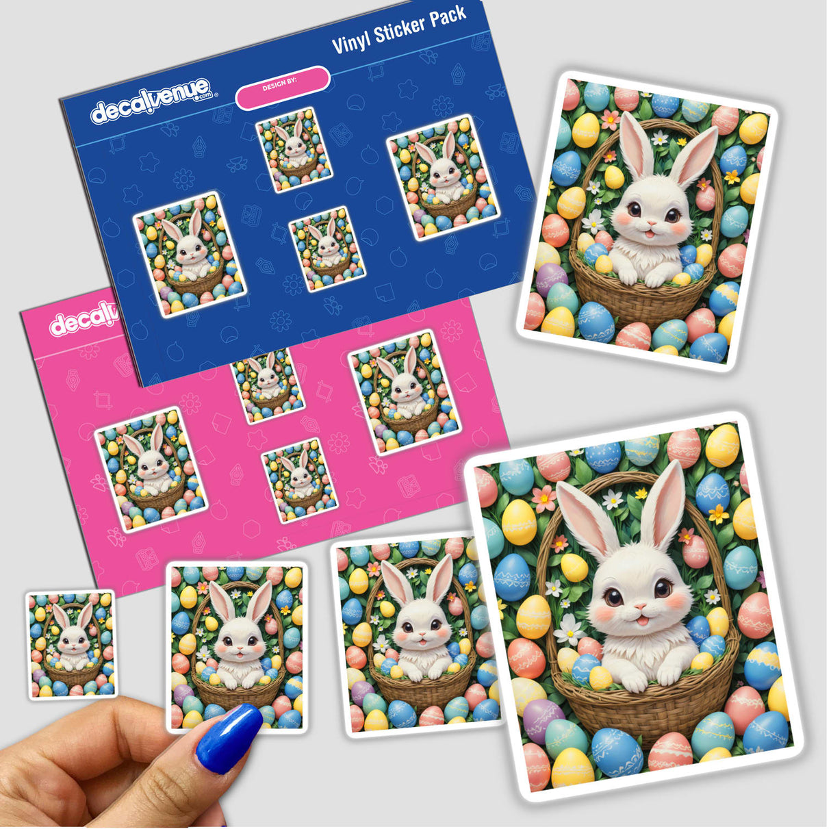 Cute Easter Bunny in a Basket with Eggs sticker, featuring a cartoon bunny nestled among eggs and flowers. Available as a sticker or digital artwork from Decal Venue.