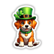 St. Patrick's Day Puppy cartoon featuring a dog in a green hat and collar, available as stickers or digital artwork.