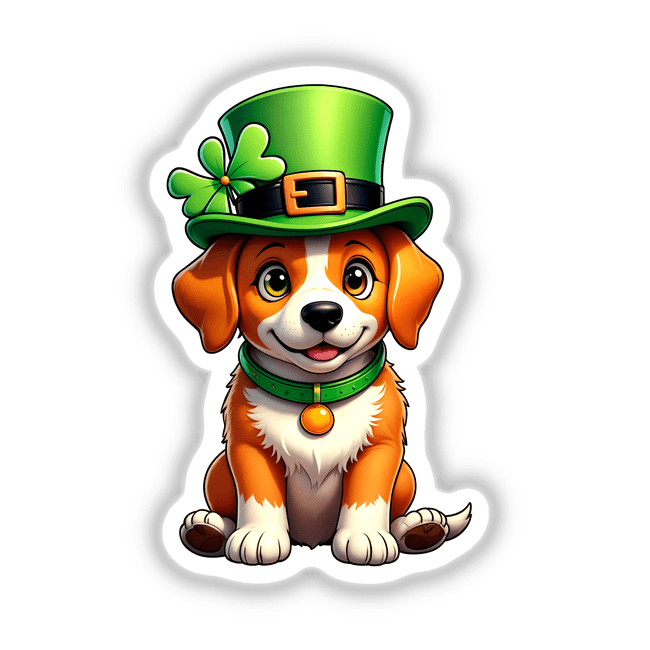 St. Patrick's Day Puppy cartoon featuring a dog in a green hat and collar, available as stickers or digital artwork.