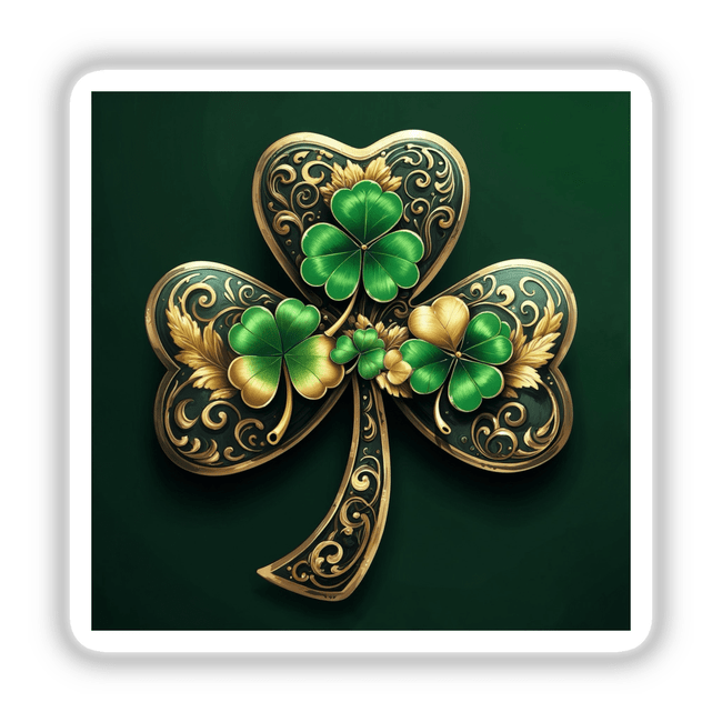 Elegant Golden Shamrock with Intricate Filigree and Green Clover Accents, available as stickers or digital artwork from Decal Venue, showcasing detailed craftsmanship ideal for unique decoration.