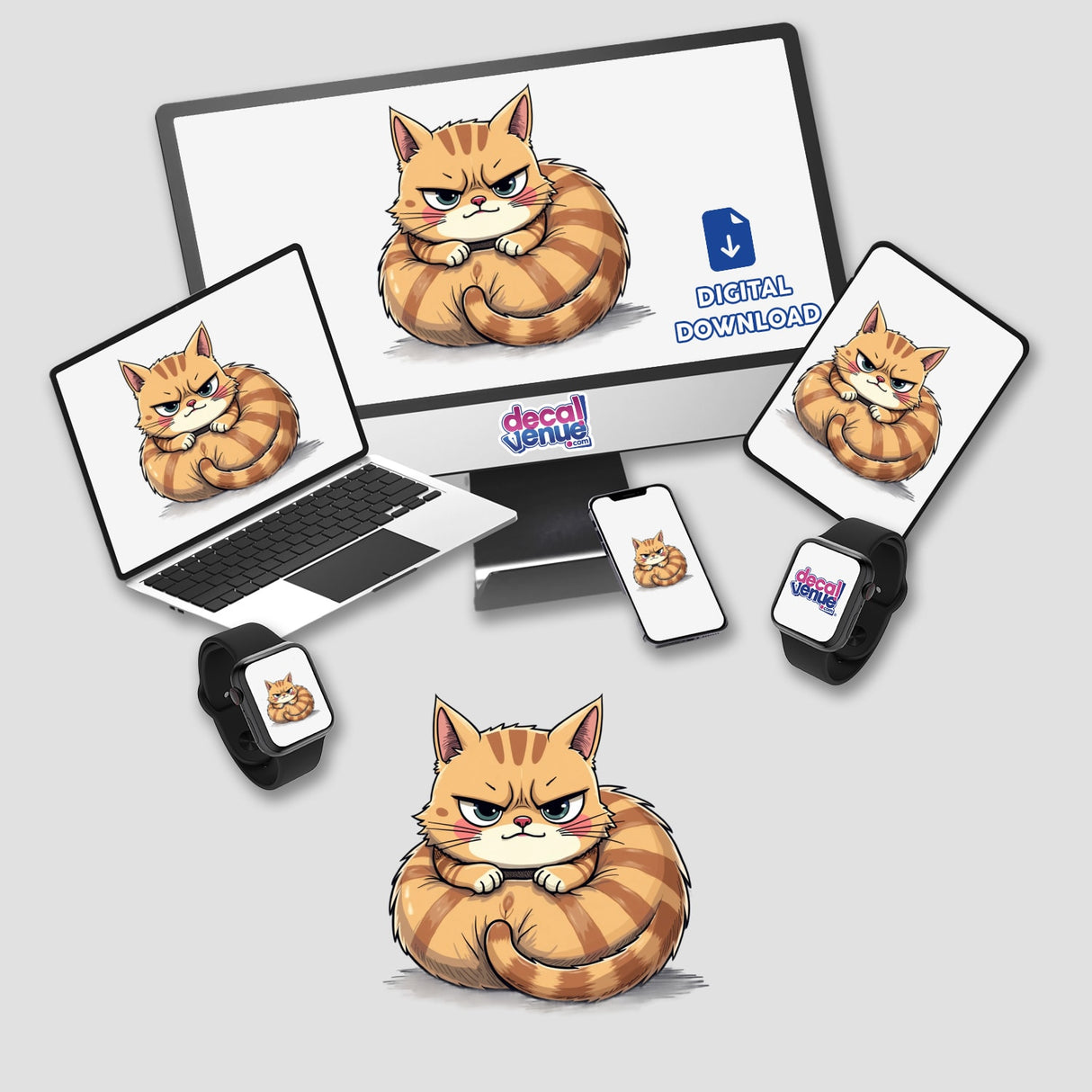 Cartoon Grumpy Striped Cat on a computer monitor, laptop, and other devices, available as stickers or digital artwork.