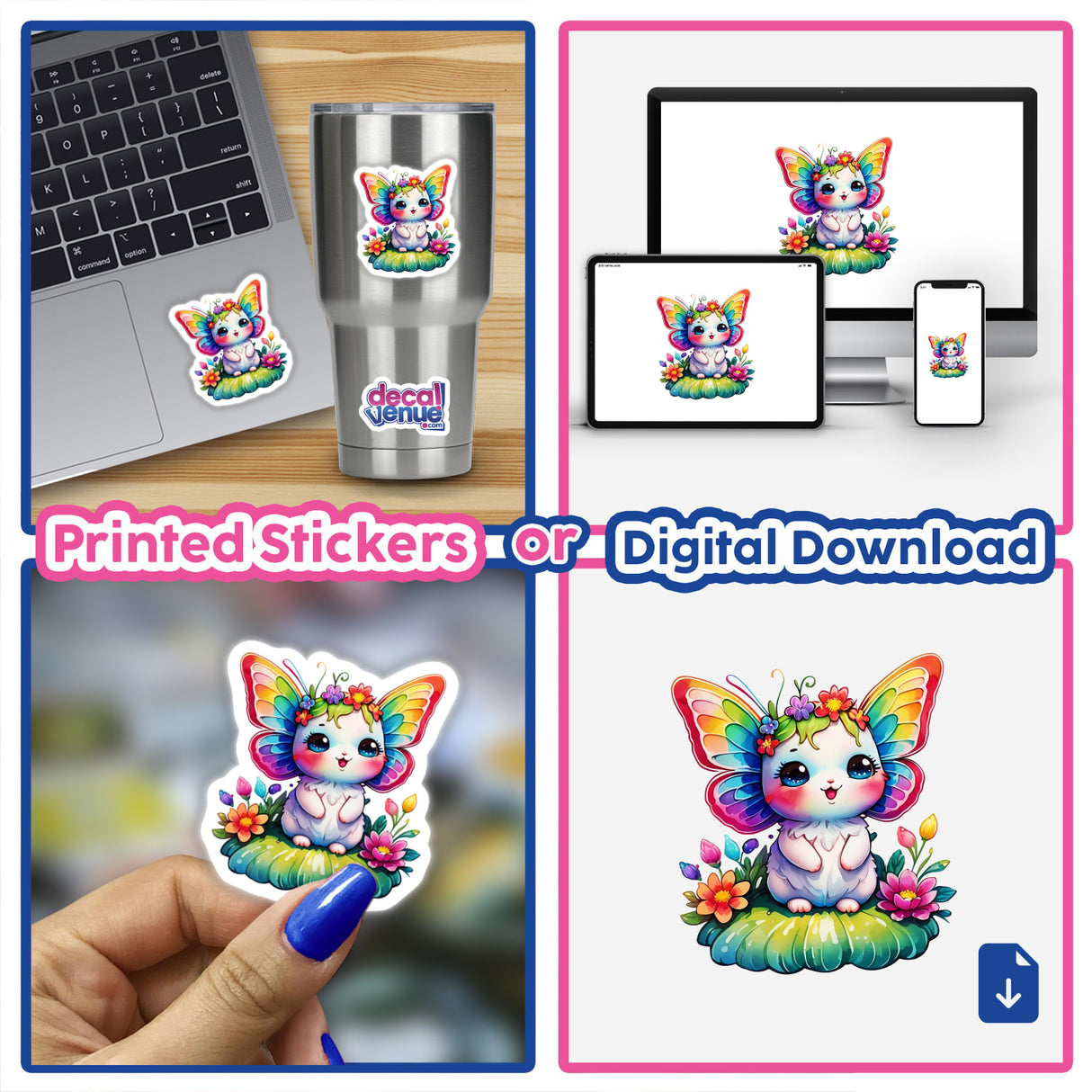 Whimsical Butterfly Creature stickers displayed on a laptop and cup, featuring a cartoon animal with colorful wings and flowers. Available at Decal Venue as stickers or digital artwork.