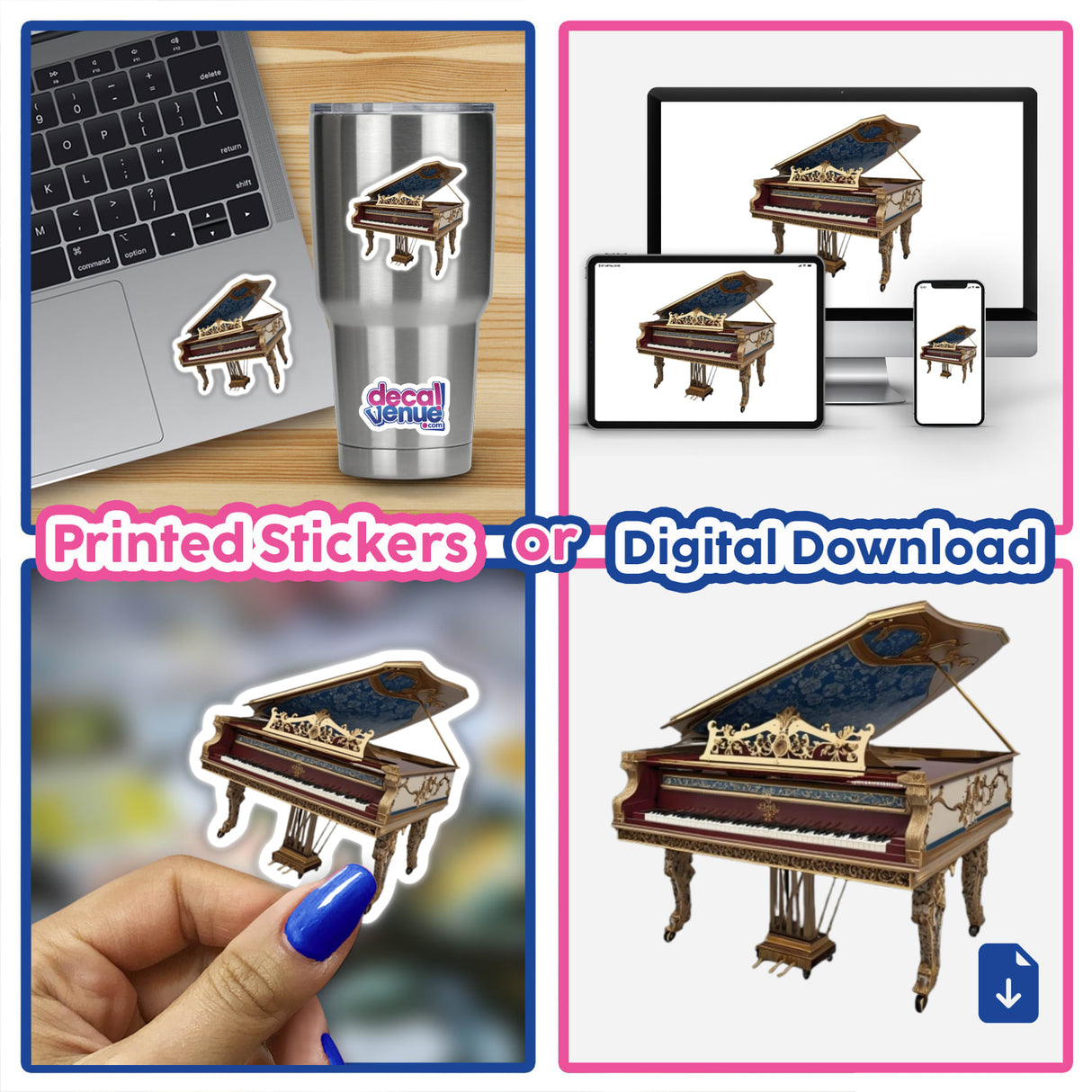 Baroque Harpsichord | Dark Academia Music Sticker collage features a computer keyboard and piano elements, showcasing the sticker's intricate design for music enthusiasts. Available as stickers or digital artwork.