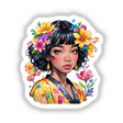 Black Japanese girl in yellow kimono with flowers in her hair, smiling. Available as stickers or digital artwork from Decal Venue.