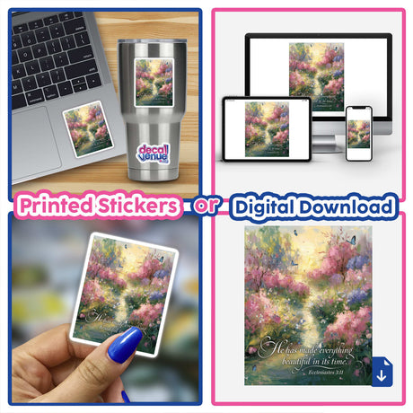 He Has Made Everything Beautiful – Ecclesiastes 3:11 – Bible Verse Sticker or Clipart featuring a laptop collage, garden-themed fingernail art, and a close-up of a silver mug.