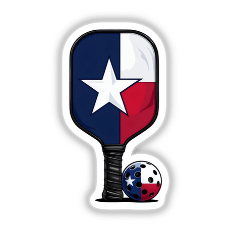 Pickleball Paddle Texas Theme featuring a star emblem from a red, white, and blue flag. Available as a sticker or digital artwork, embodying Decal Venue's unique vinyl sticker and digital art offerings.