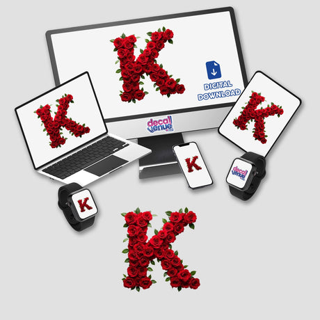 Elegant Floral Letter K Clipart displayed on laptop, phone, and watch screens. Available as downloadable stickers or digital artwork with commercial rights.