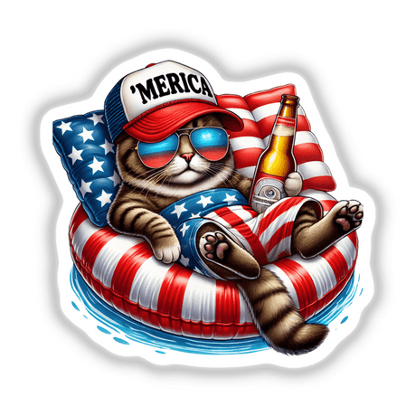 Patriotic cat in American flag float with beer bottle - digital artwork sticker from Decal Venue featuring a feline in a red, white and blue flag-themed inner tube, wearing sunglasses and a cap that says "MERICA", with a beer bottle in hand.