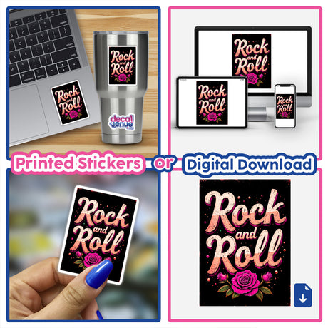 Collage featuring Rock And Roll Roses with a laptop and phone, highlighting stickers or digital artwork available, showcasing unique designs from Decal Venue.