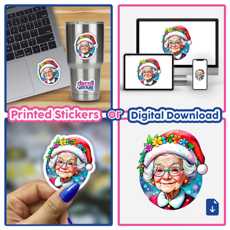 Santa Granny: Kawaii Watercolor collage featuring a woman in a Santa hat, a laptop with a sticker, and a finger holding a painted decal. Available as stickers or digital artwork.