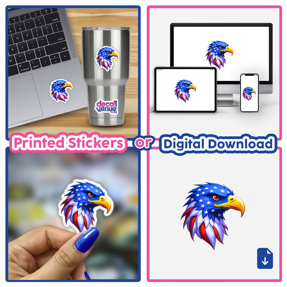 Collage featuring A Cool American Flag Eagle stickers: cartoon eagles in various settings, including laptops and cups, emphasizing patriotic themes. Available as stickers or digital artwork.