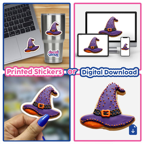 Witch Hat-Shaped Halloween Cookie with various close-ups, including hand-held and on a laptop. Available as stickers or digital artwork. Perfect for festive and unique Halloween decor.