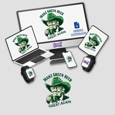 Make Green Beer Great Again Trump Cowboy I sticker featuring a laptop adorned with a green hat, a man in a cowboy hat holding a beer, reflecting unique digital artwork.