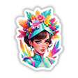 Vibrant Pop Art Sticker - Futuristic Female Portrait with Floral Headpiece, featuring a cartoon woman adorned with colorful flowers, ideal for stickers or digital artwork.