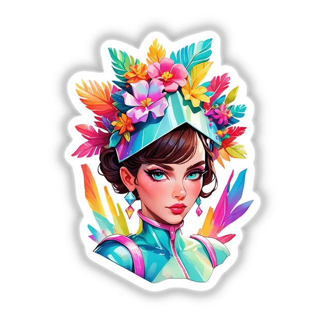 Vibrant Pop Art Sticker - Futuristic Female Portrait with Floral Headpiece, featuring a cartoon woman adorned with colorful flowers, ideal for stickers or digital artwork.