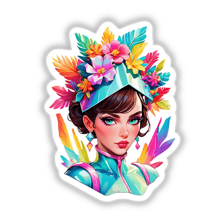 Vibrant Pop Art Sticker - Futuristic Female Portrait with Floral Headpiece, featuring a cartoon woman adorned with colorful flowers, ideal for stickers or digital artwork.