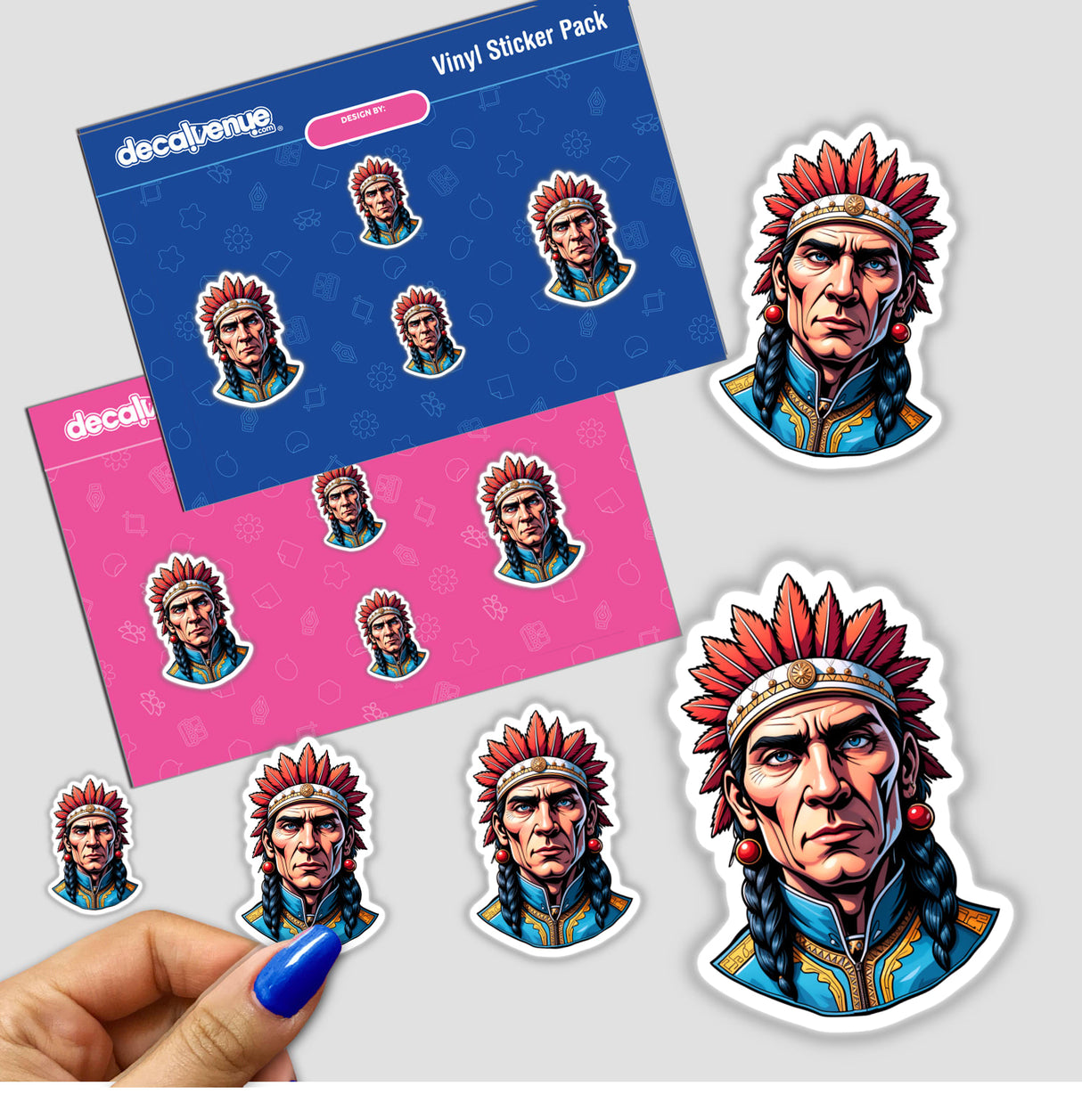 Stickers of a Native American Warrior Chief, featuring cartoon designs of a man with a red feathered headdress, available as unique vinyl stickers or digital artwork from Decal Venue.