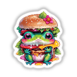 Cartoon frog holding a burger, titled Frog Burger Delight: Cute and Juicy, available as stickers or digital artwork from Decal Venue.