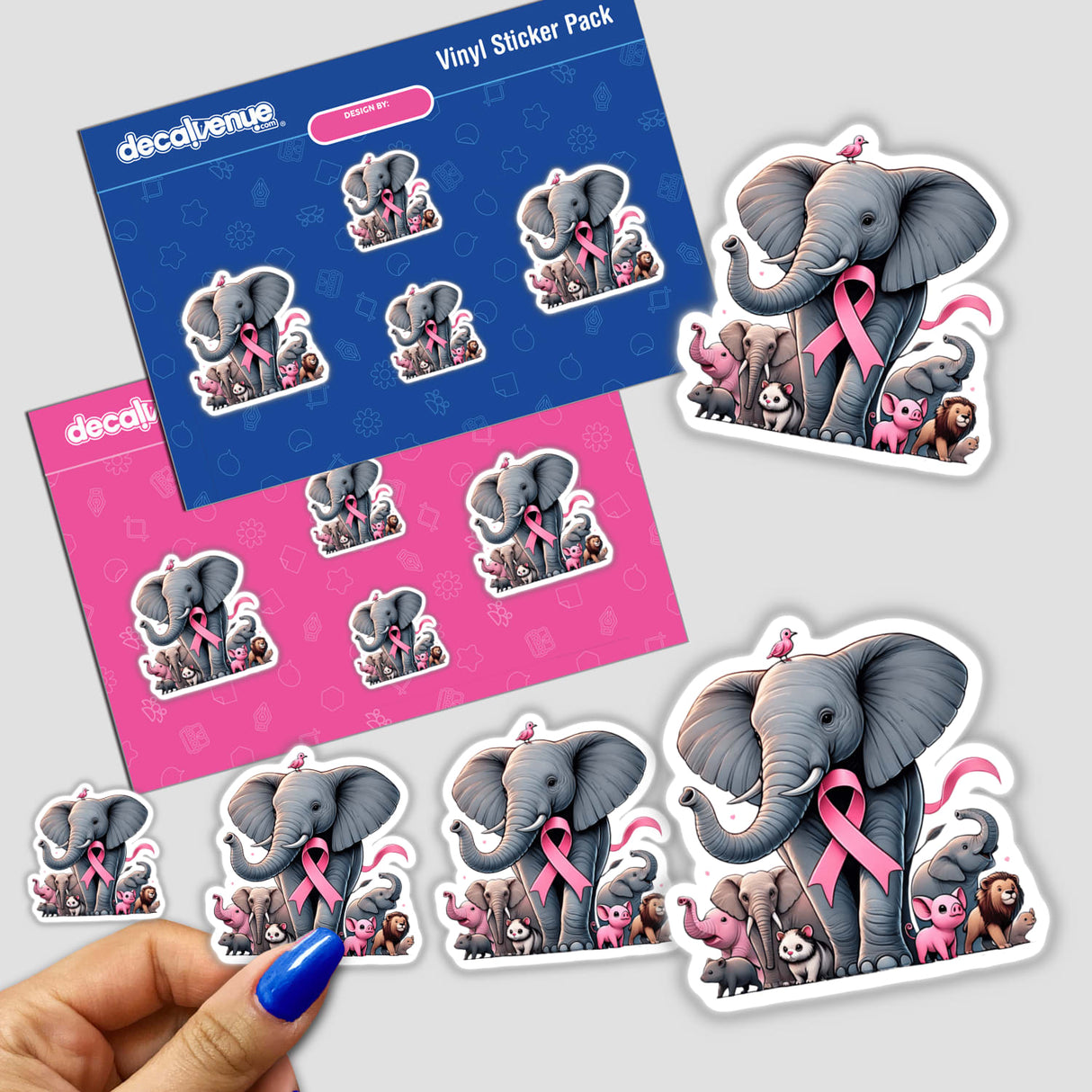 Elephant Unity and Strength Pink Ribbon Breast Cancer stickers featuring cartoon elephants with pink ribbons, symbolizing support and awareness.