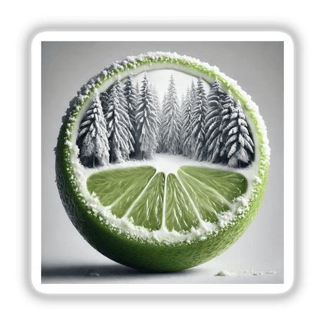 Winter Oasis Snowy Forest Inside a Lime: A digital artwork of a lime with a serene snowy forest scene inside, ideal for bedroom or office decor, available as stickers or digital download.