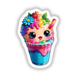 Fruity Fun: Happy Slurpie with Rainbow Floral Splash Sticker featuring a cartoon ice cream sundae with flowers, a popsicle, and a smiling face. Available as stickers or digital artwork.