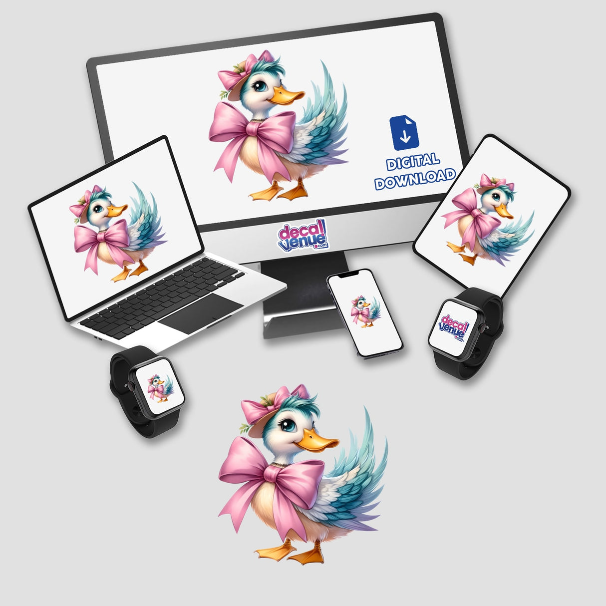 Coquette Bow Easter Duck illustration displayed on various devices, highlighting its availability as unique stickers or digital artwork from Decal Venue.