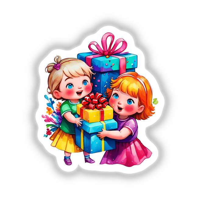 Gift-Giving Joy: Cute Kids with Presents - Cartoon of two girls happily holding gift boxes, perfect as stickers or digital artwork from Decal Venue.