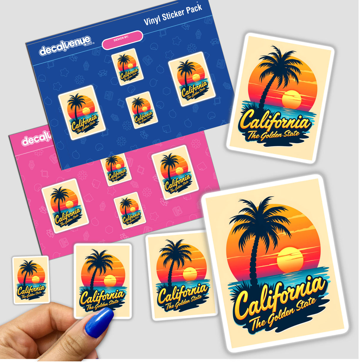 Hand holding a 'California The Golden State' sticker pack featuring palm trees and a sunset, reflecting Decal Venue's unique design style. Available as stickers or digital artwork.