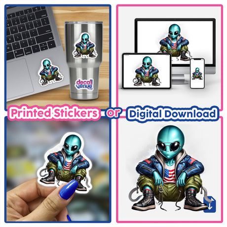 Patriotic Leather Alien Aviator Sunglasses - Unique digital artwork featuring a stylized alien character wearing patriotic-themed sunglasses and apparel, displayed on various electronic devices.