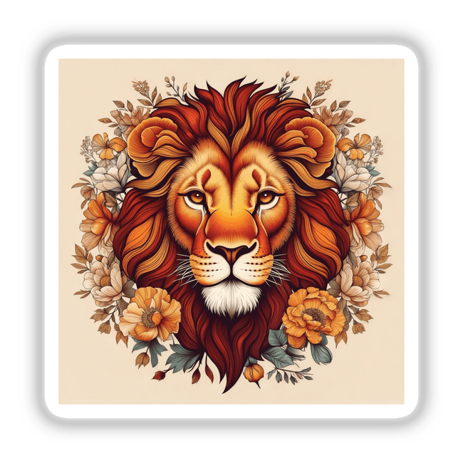 a picture of a lion with flowers around it