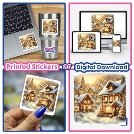 Christmas Village - Snow-Covered Cottages and Twinkling Lights: a collage featuring a laptop, close-up finger, silver mug, and village scene, available as stickers or digital artwork from Decal Venue.