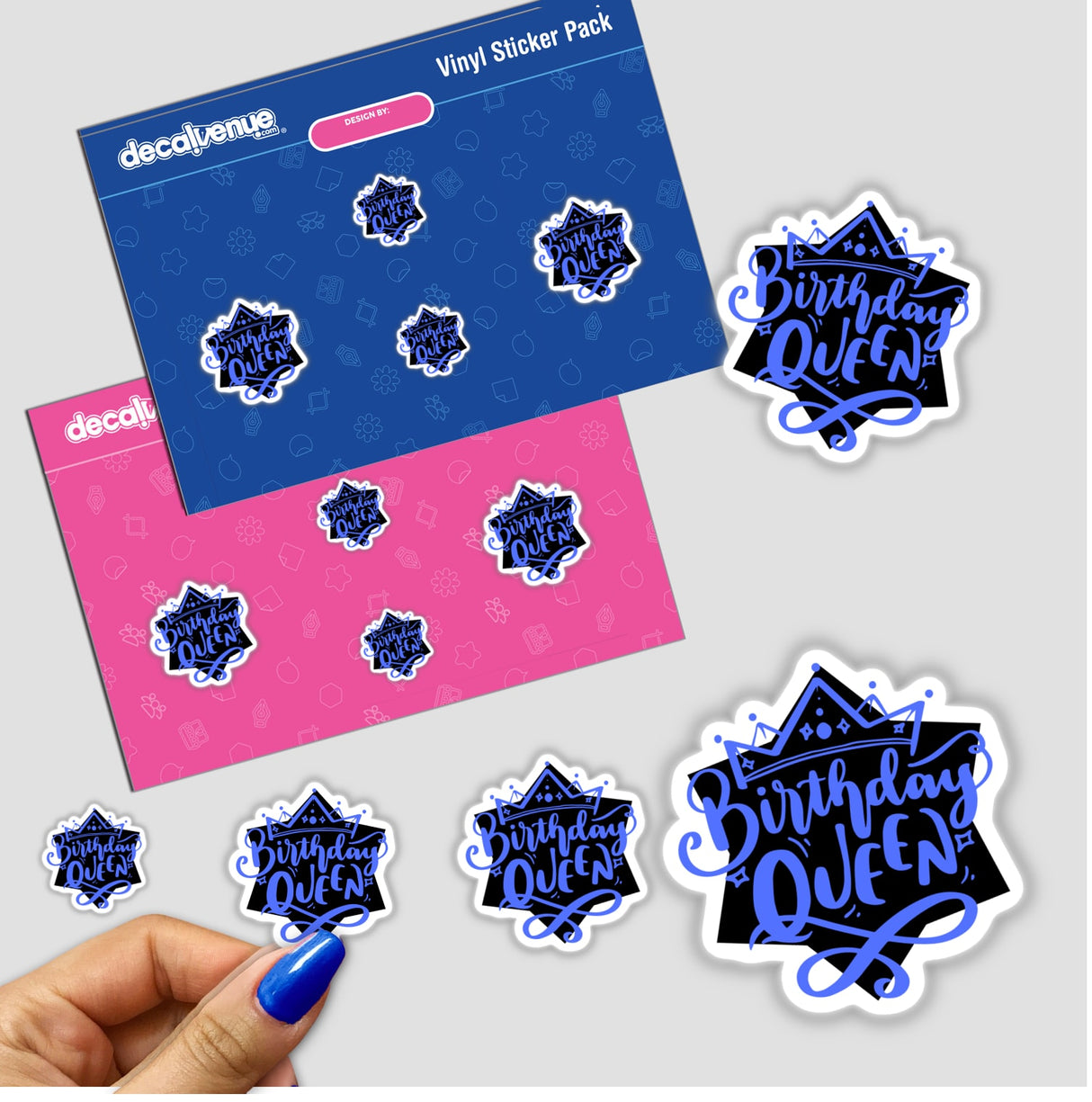 Sticker pack featuring Birthday Queen Blue design, showcasing a vibrant crown and celebratory text, ideal for decorating or digital artwork, embodying Decal Venue's unique artistic flair.